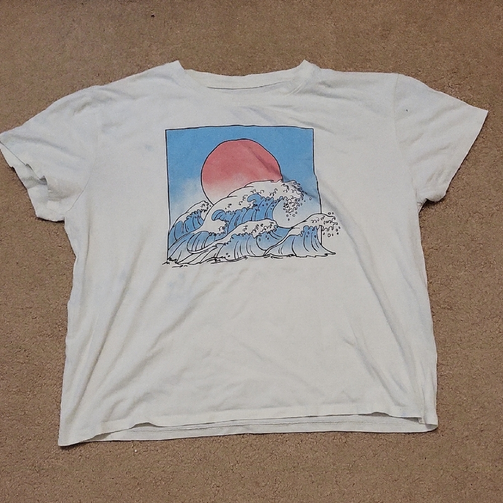 White Graphic Tee with Red and Blue Wave Design